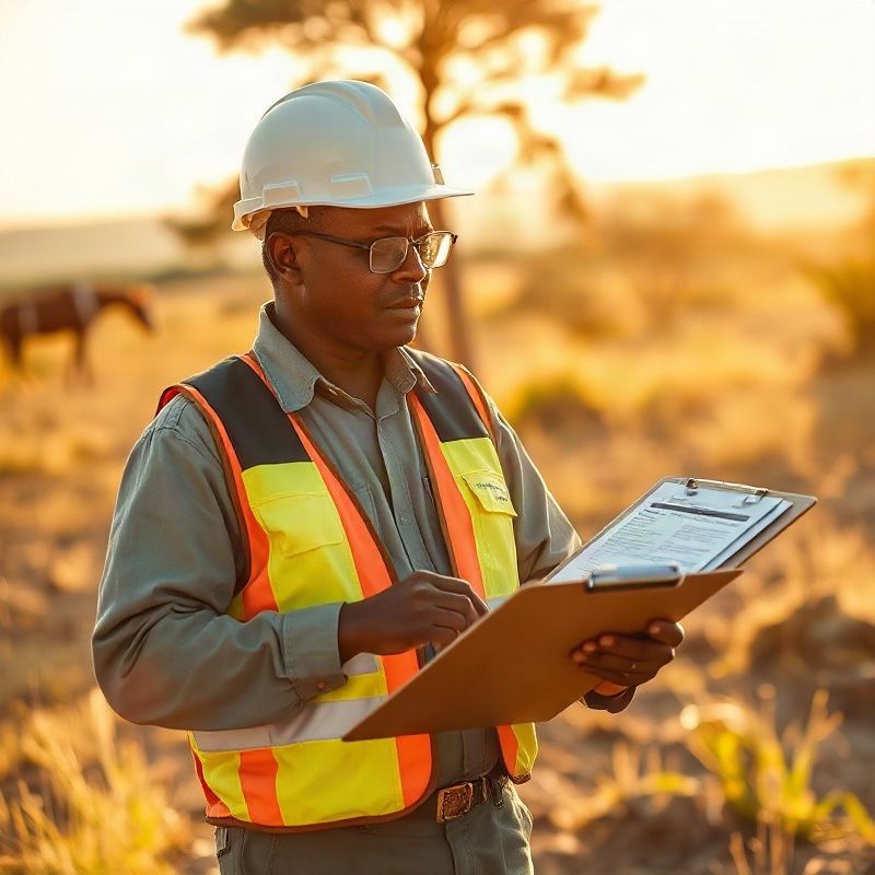 Professional surveyor reviewing land documents outdoors in Kakamega