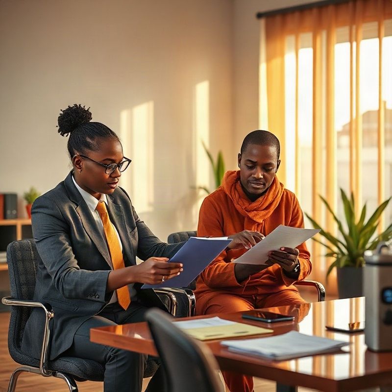 Small professional team of Kenyan real estate advisors reviewing documents in a Kakamega office