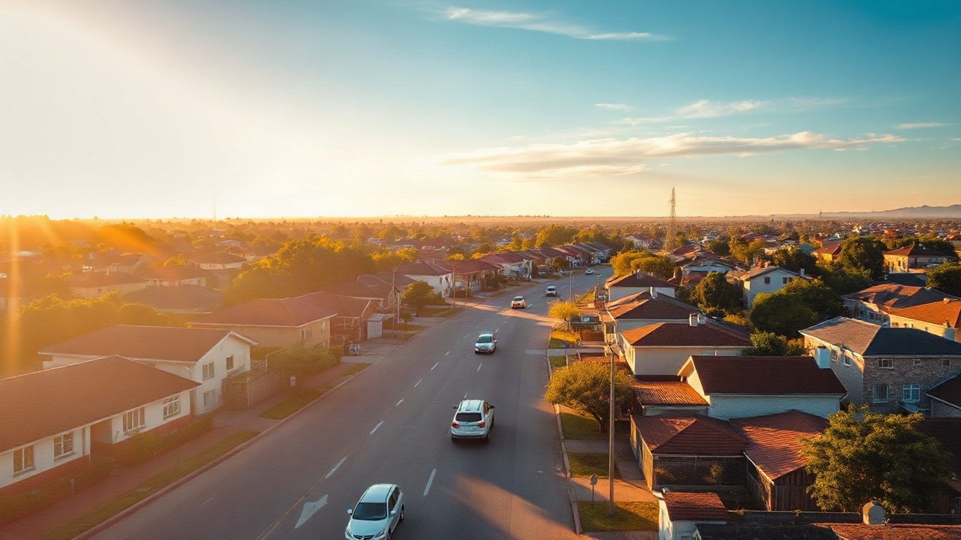 Aerial view of well-maintained Kakamega residential streets at golden morning light