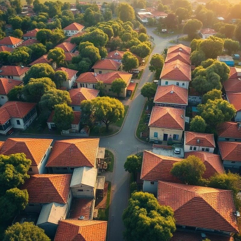 Aerial view of Kakamega Town Centre with ochre rooftops among acacia canopy
